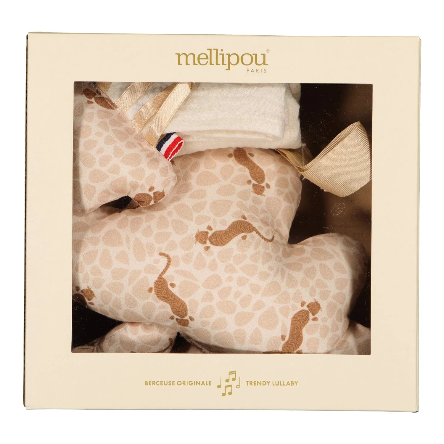 Coffret naissance bébé personnalisé musical Mellipou motif tigre, nuage musical et doudou lange