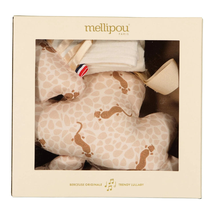 Coffret naissance bébé personnalisé musical Mellipou motif tigre, nuage musical et doudou lange