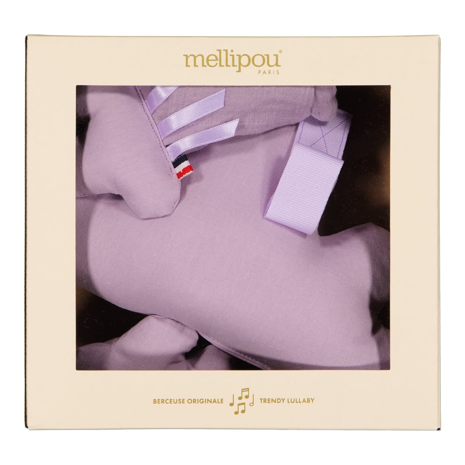Coffret naissance bébé personnalisé musical Mellipou violet, nuage musical et doudou lange