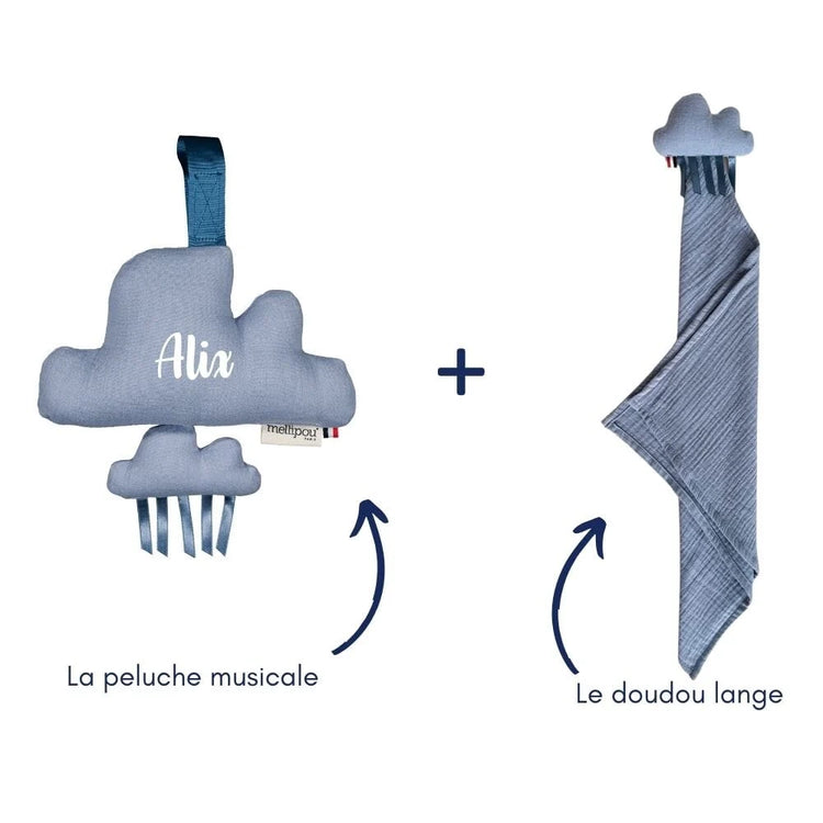 Coffret naissance bébé personnalisé original mini nuage musical et doudou lange bleu. Fabrication en France.