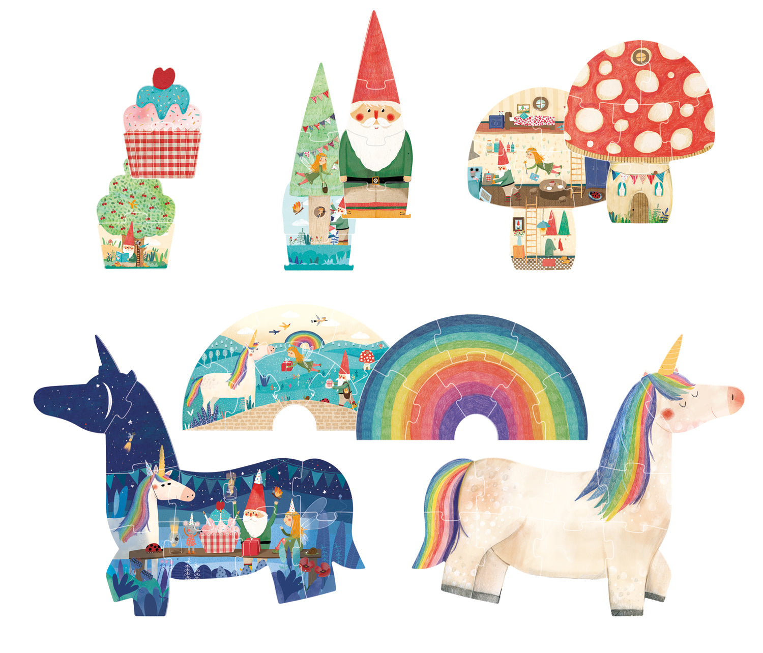 Coffret de puzzles progressifs : 5 puzzles de 2 à 10 pièces illustrant le thème anniversaire et licorne. Magie et poésie. Puzzles recto-verso. Illustrations poétiques.