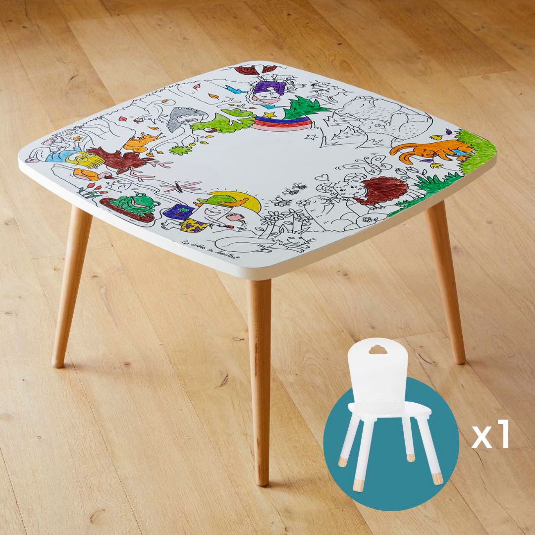 Table coloriage enfant thème Forêt avec 1 chaise