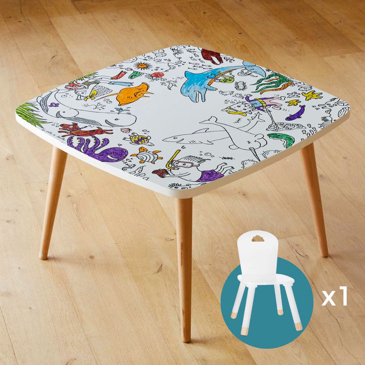 Table coloriage enfant thème Océan avec 1 chaise