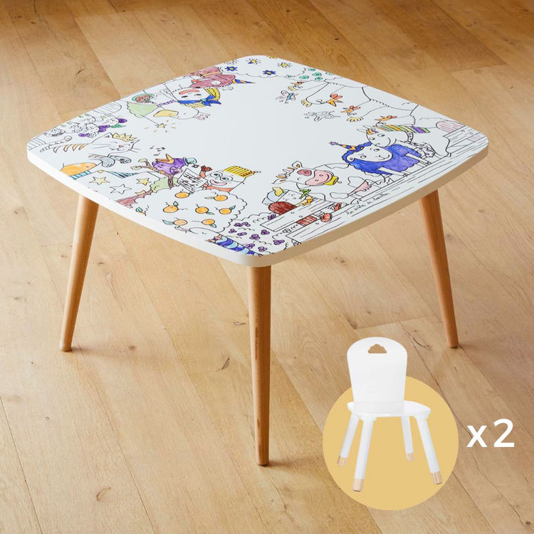 Table coloriage enfant thème Ferme avec 2 chaises