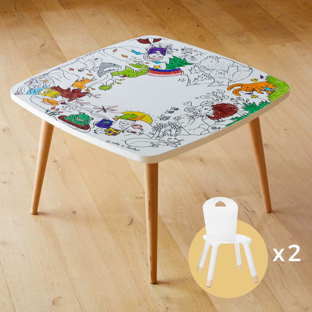 Table coloriage enfant thème Forêt avec 2 chaises