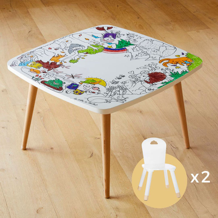 Table coloriage enfant thème Forêt avec 2 chaises