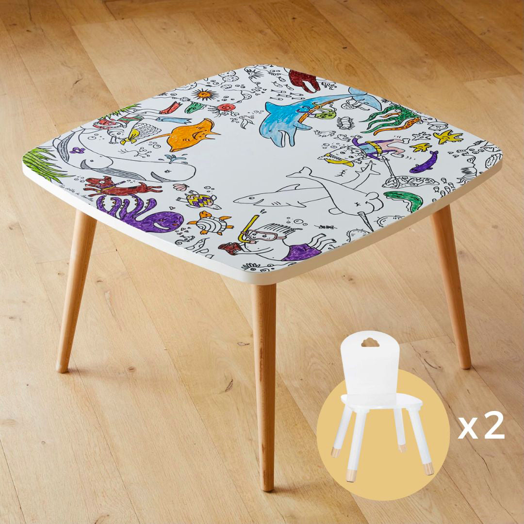 Table coloriage enfant thème Océan avec 2 chaises