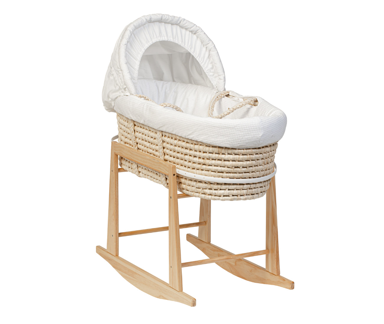 Couffin bébé en osier avec support à bascule. Capuche rétractable. Habillage drap et capuche blanc. Couffin Mokee.