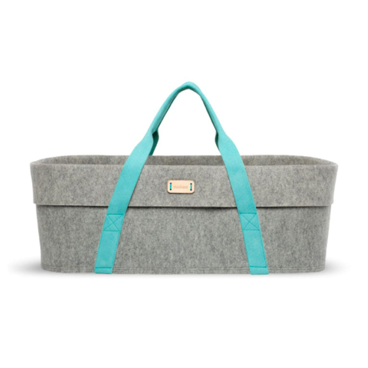Couffin confortable et léger pour bébé, en laine grise et anses de couleurs. Design chic et raffiné. Modèle Woolnest Azure Bleu Turquoise de Mokee.