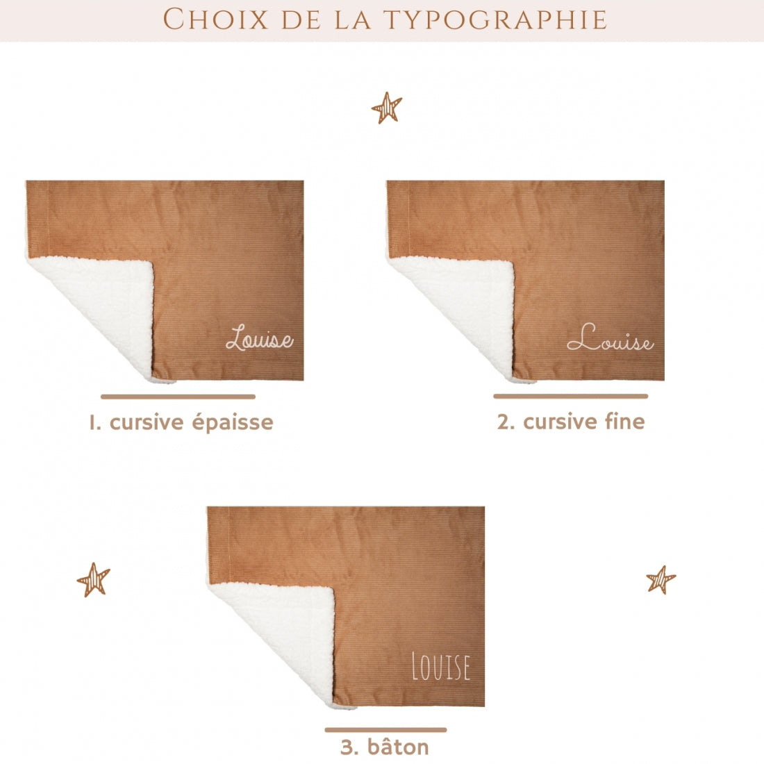 Couverture bébé personnalisée en velours marron clair, choix écriture du prénom. 