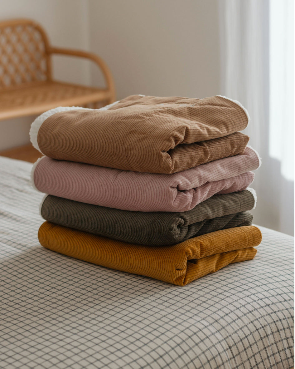 Sélection de couvertures bébé personnalisées en velours, couleurs automnales dont moutarde, qualité made in France.