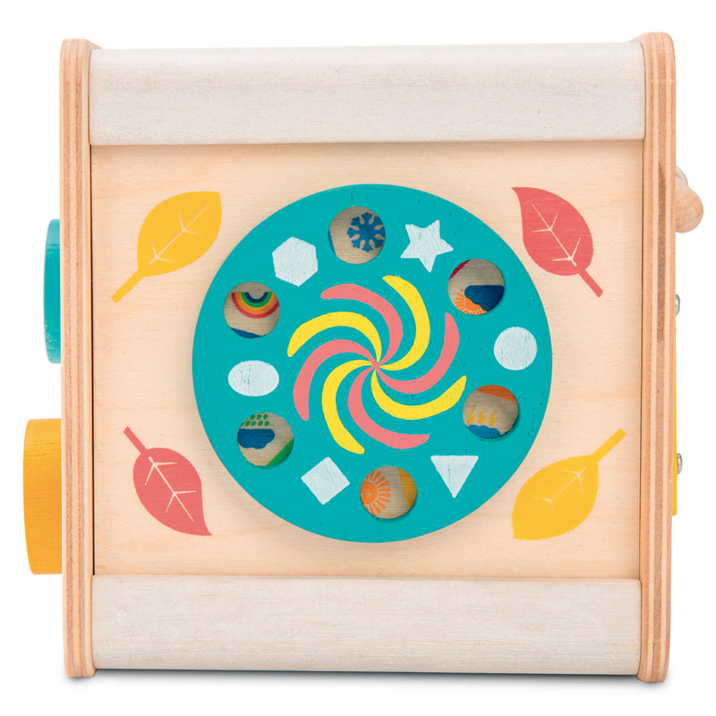 Cube activité en bois. Jouet éducatif en bois durable. Le Toy Van. Face avec roue, apprentissage temps, nature, météo. 