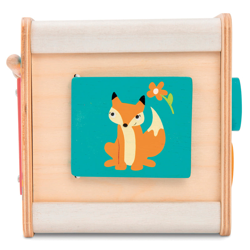 Cube activités en bois pour enfant. Coucou caché avec joli renard. 