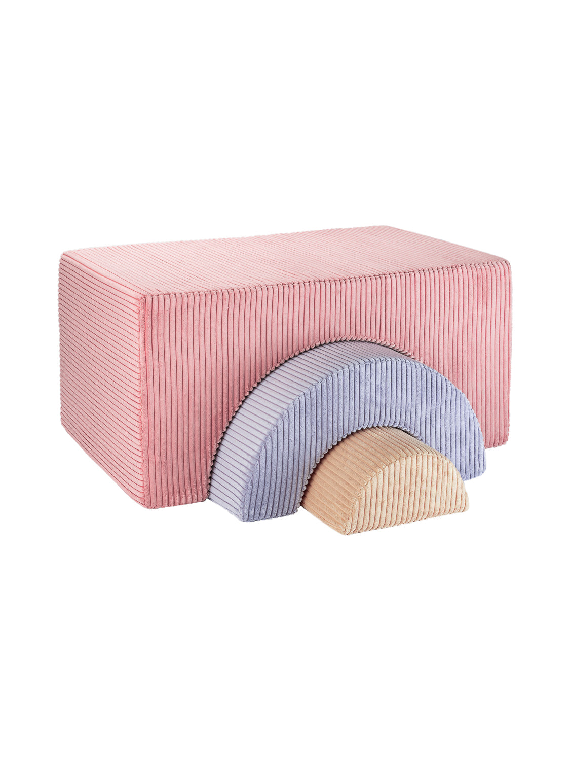 Mini pouf enfant Arc-en-Ciel. Trio de poufs en velours cotelé rose, myrtille et beige. Idéal pour décorer une chambre fille.