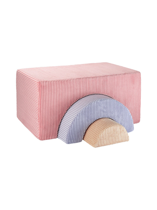 Mini pouf enfant Arc-en-Ciel. Trio de poufs en velours cotelé rose, myrtille et beige. Idéal pour décorer une chambre fille.