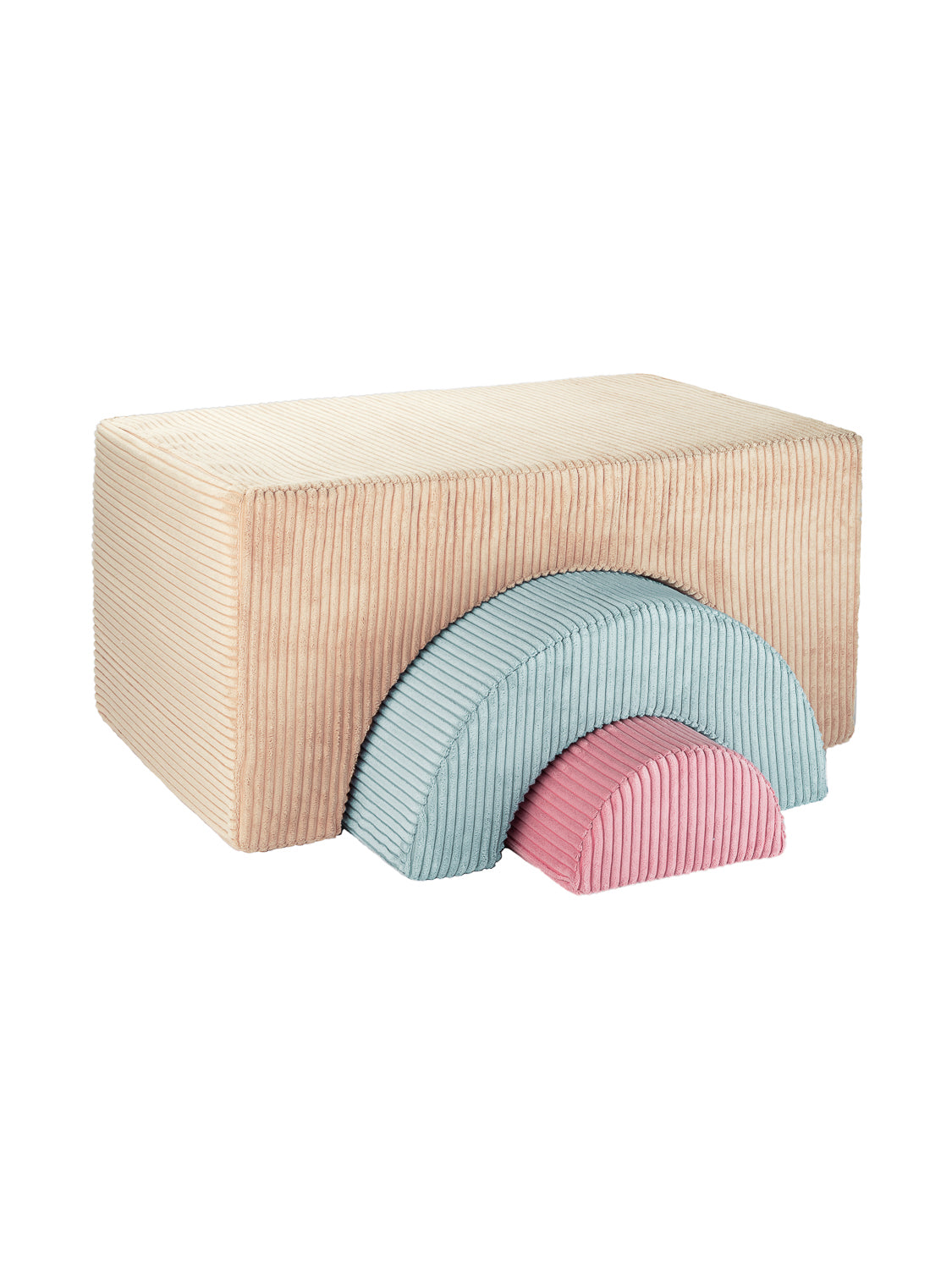 Pouf fauteuil enfant. 3 modules en mousse et velours. Forme Arc-en-Ciel. Wigiwama. Couleurs beige sable, vert menthe et rose. 