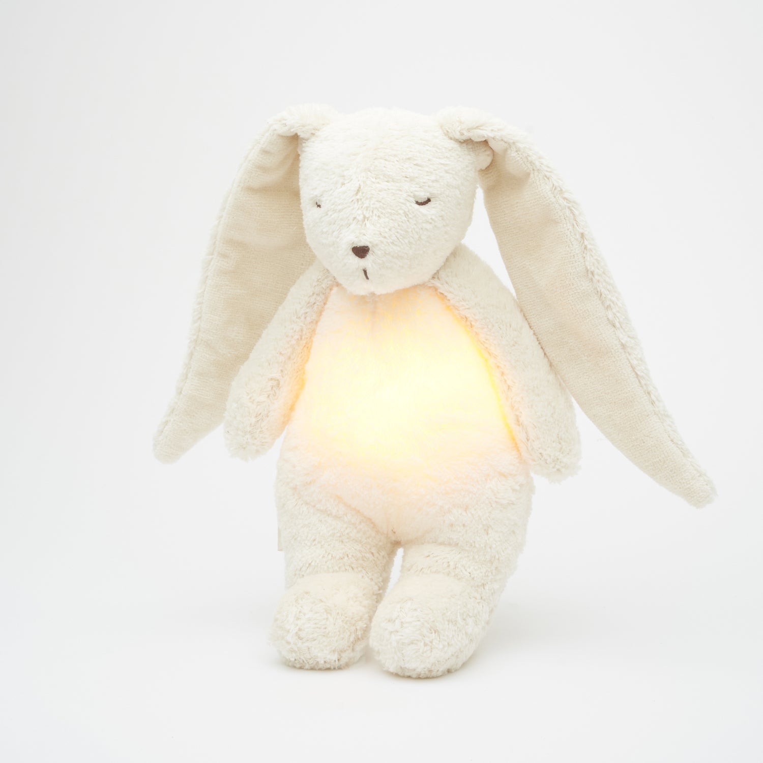 Peluche veilleuse lapin bébé Moonie blanc polaire, douceur et lumière pour apaiser le sommeil de bébé.