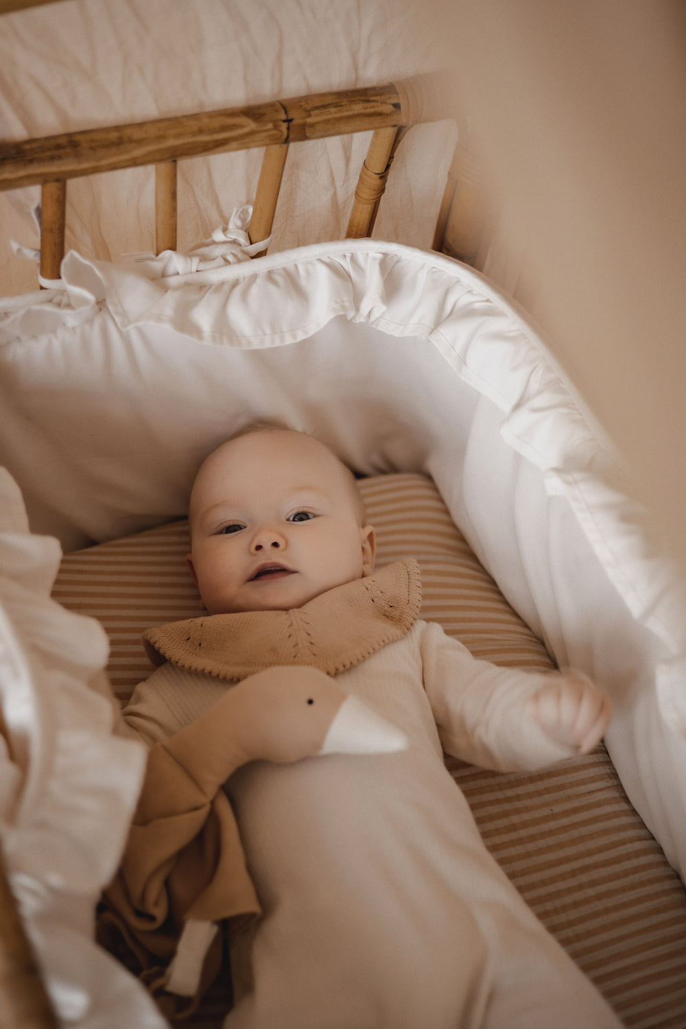 Doudou oie en coton bio Saga. Doudou plat lange doux et respectueux de l'environnement. Couleur argile, mixte et intemporelle.