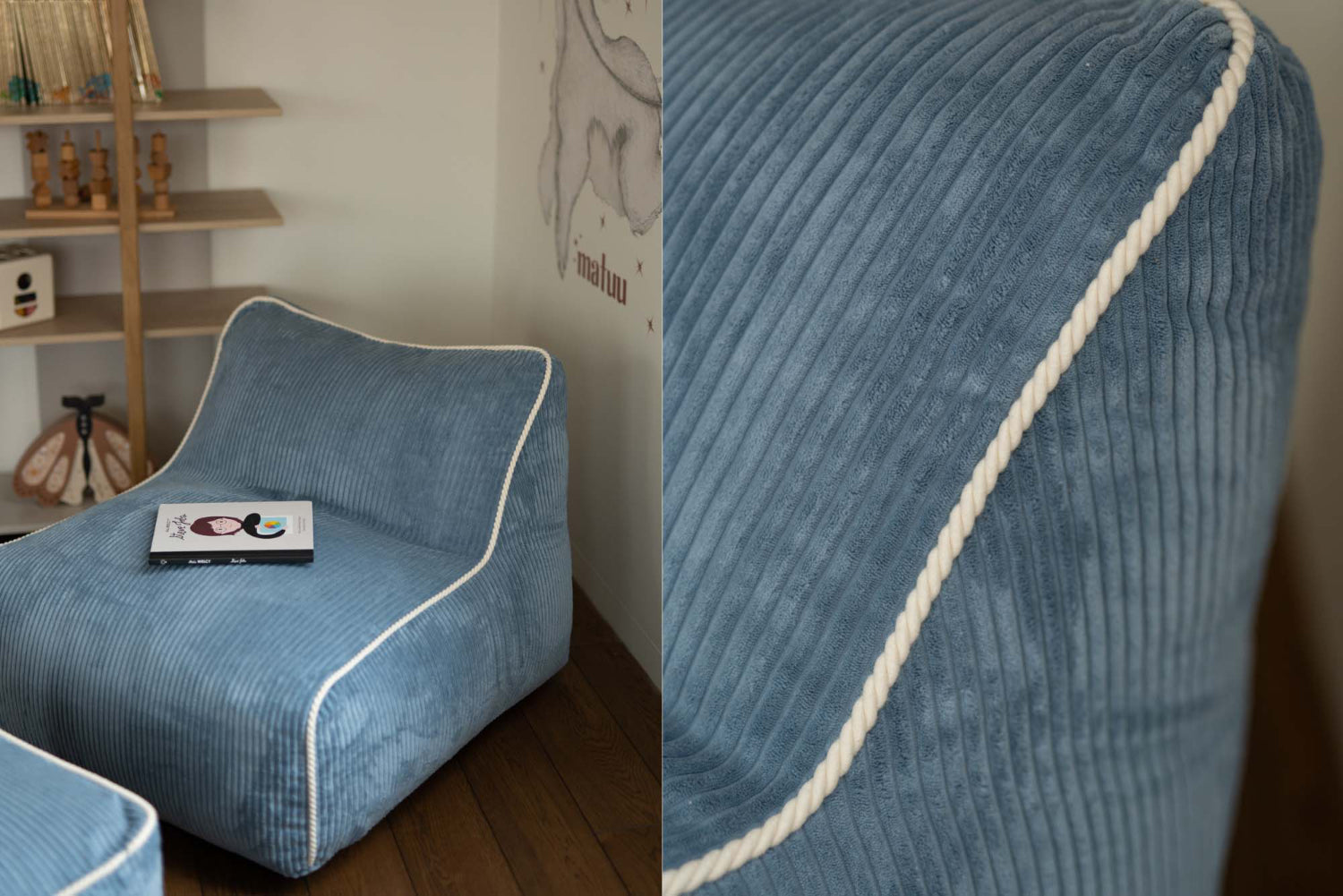 Détail du tissu velours côtelé bleu du fauteuil enfant Shappy Kumo