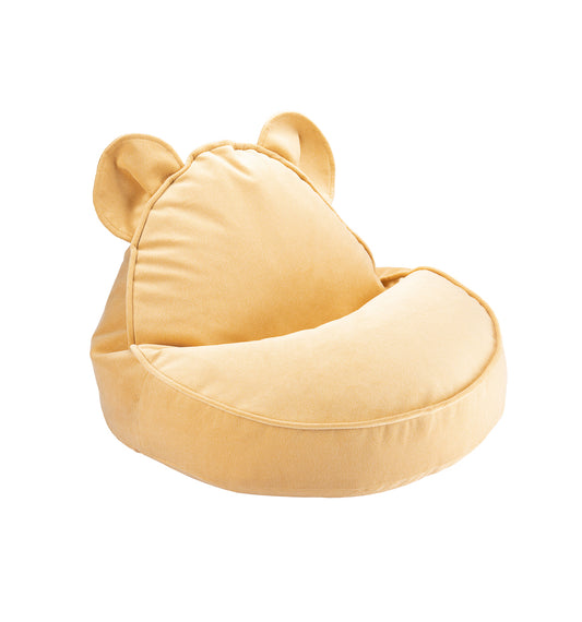 Fauteuil ours enfant en velours. Couleur mixte, jaune poussin. Mixte, pour décorer chambre fille ou garçon. 