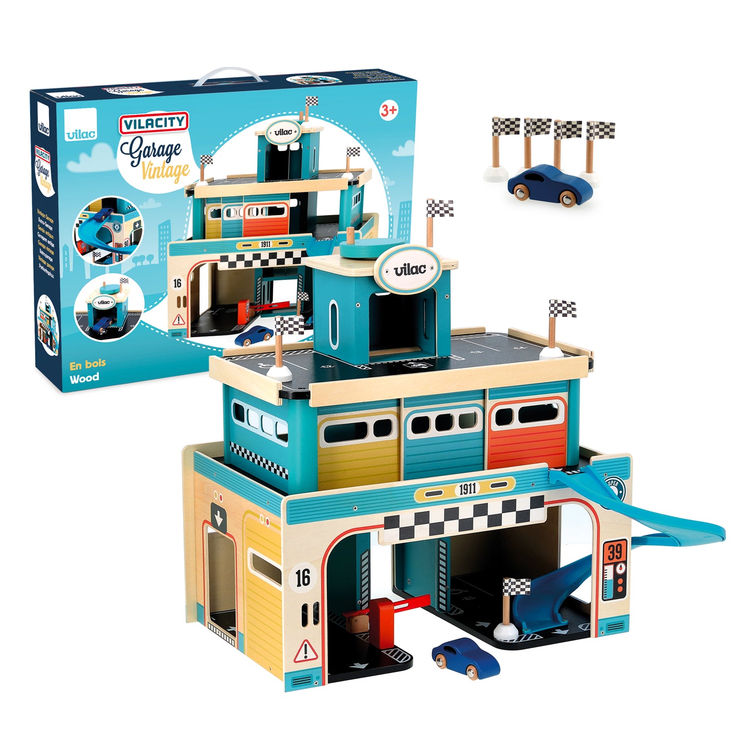 Garage en bois vintage VILAC Vilacity avec voiture et 4 drapeaux, grand jouet voitures en bois. Idée cadeau 3 ans.