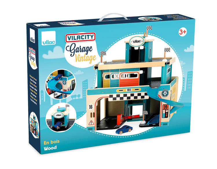 Packaging garage VILAC Vilacity avec voiture et 4 drapeaux, grand jouet voitures en bois