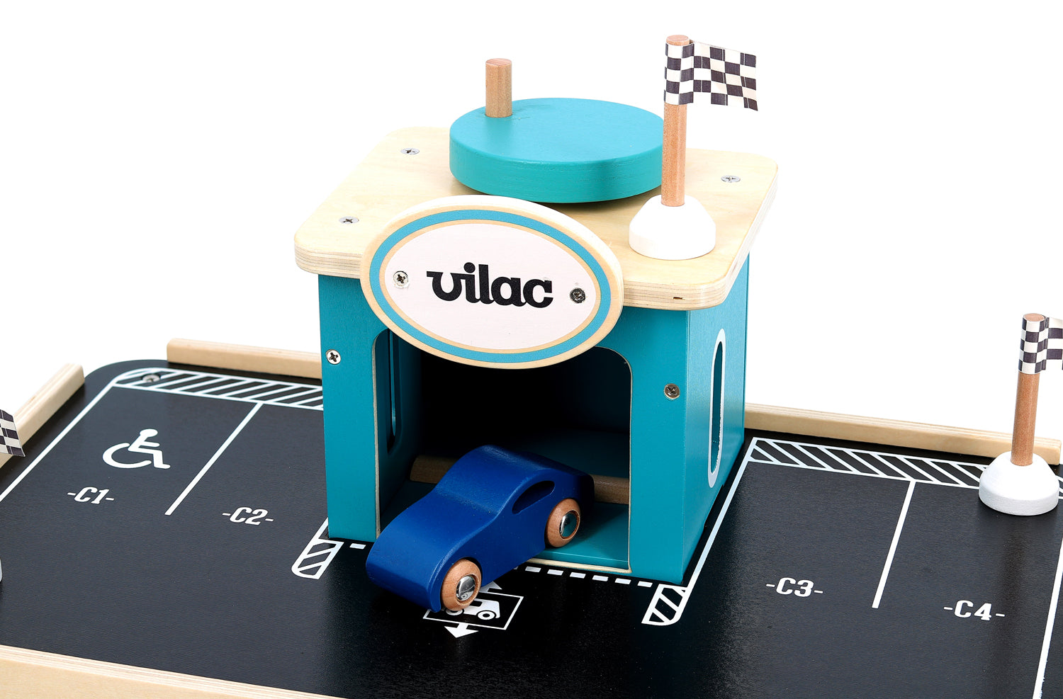 Toit du garage VILAC Vilacity avec zone de stationnement et drapeaux de course