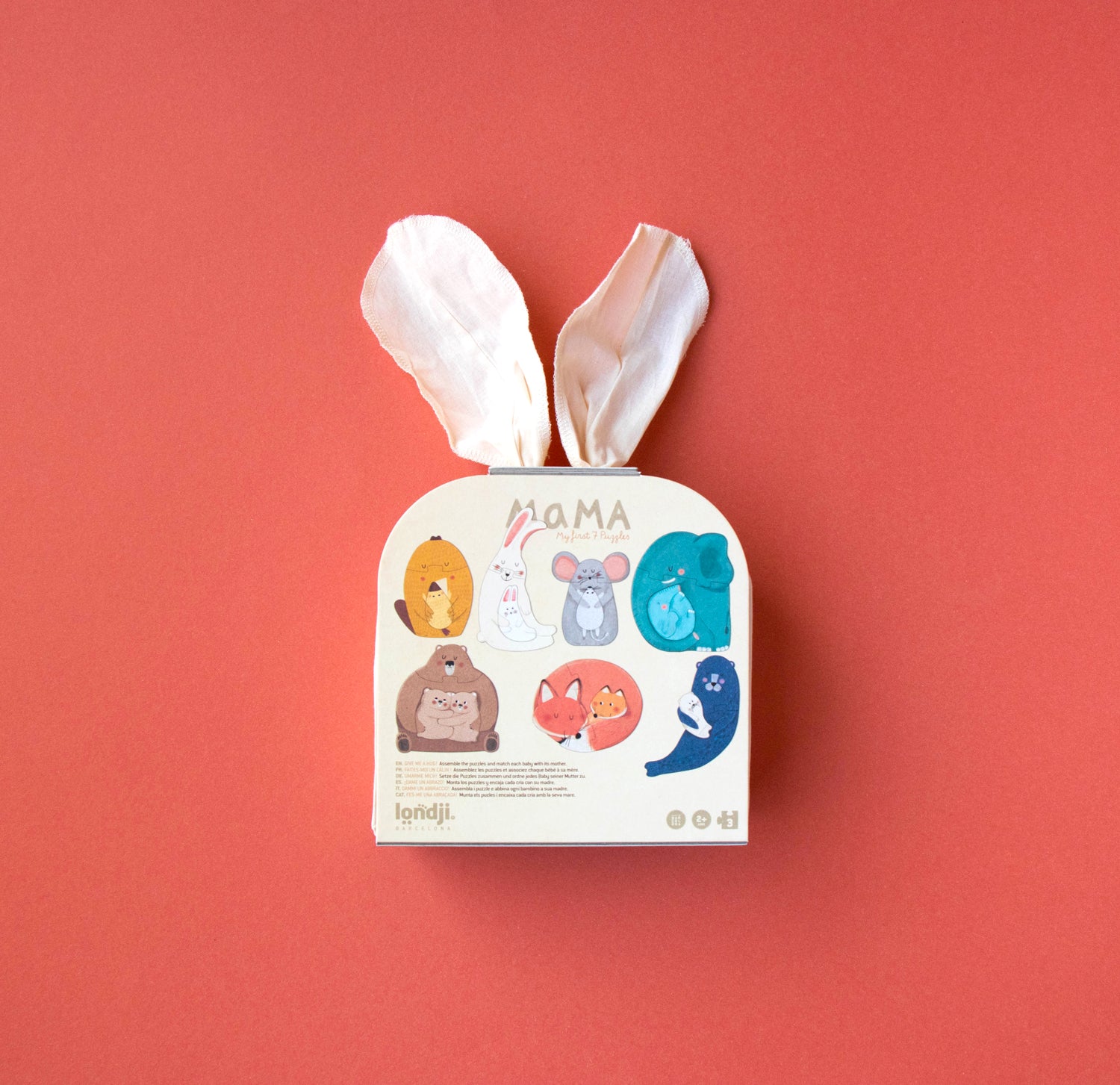 Packaging ecoresponsable en carton et poche de rangement en coton. Londji Puzzles.