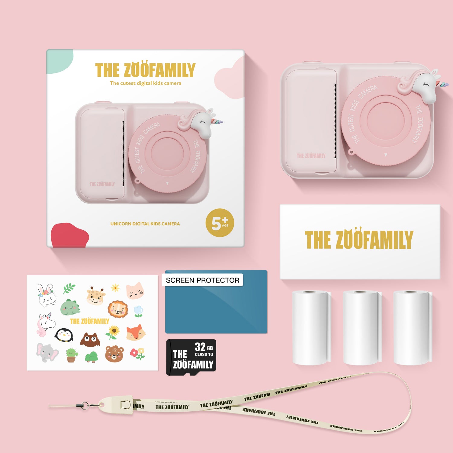 Appareil photo licorne rose pour enfants à partir de 5 ans, avec écran de protection, papier impression, carte mémoire et cordon.