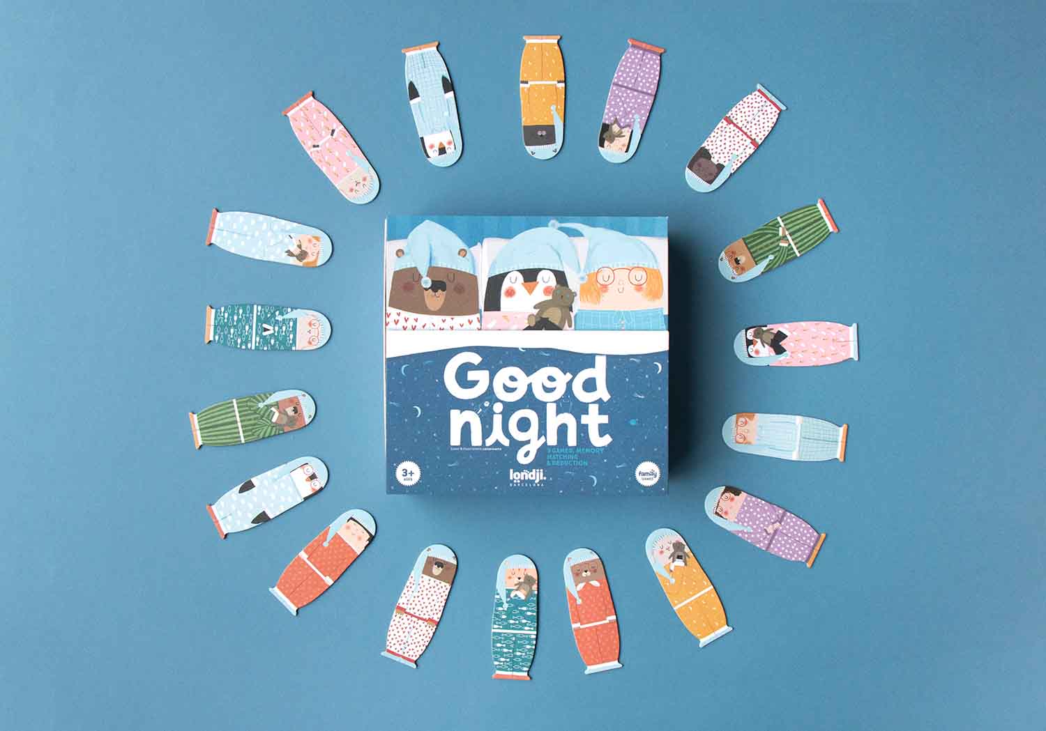 Boite de jeux de société pour enfant dès 3 ans. Good night de Londji. 18 personnages amusants.