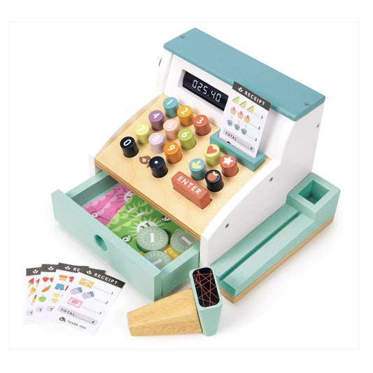 Jeu de marchande en bois : caisse enregistreuse couleur bois naturel, blanc, bleu et touches multicolores. Emplacement dédié au passage des cartes de paiement. Scanner de code-barre en bois.