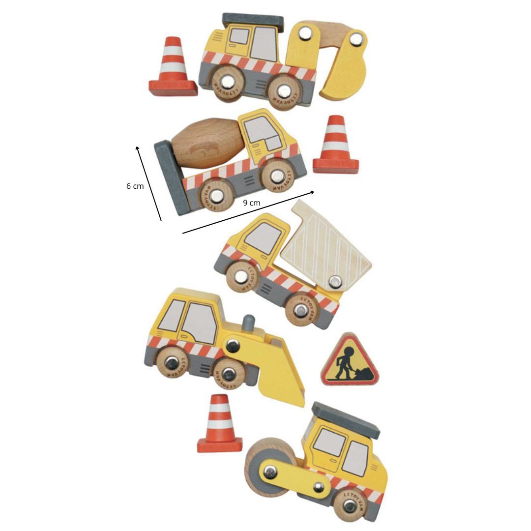 Jouets en bois, véhicules et engins de chantier. Camion toupie, pelleteuse, camion benne, rouleau compresseur. Idée cadeau durable et écoresponsable pour 3 ans et plus.