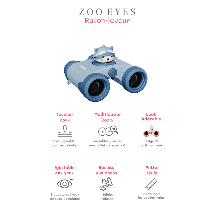Jumelles enfant Raton laveur The Zoo Family : grossissement 8x, toucher doux, réglage oculaire et conception antichoc