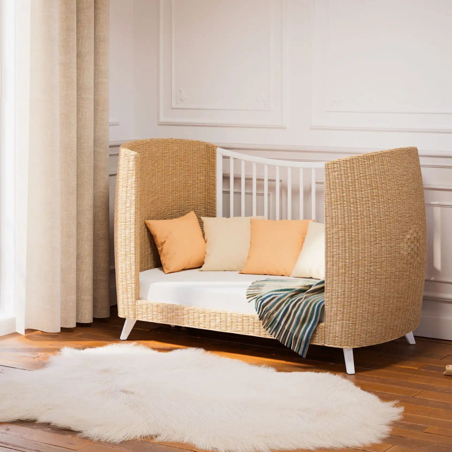 Transformation du lit bébé en rotin évolutif en banquette enfant