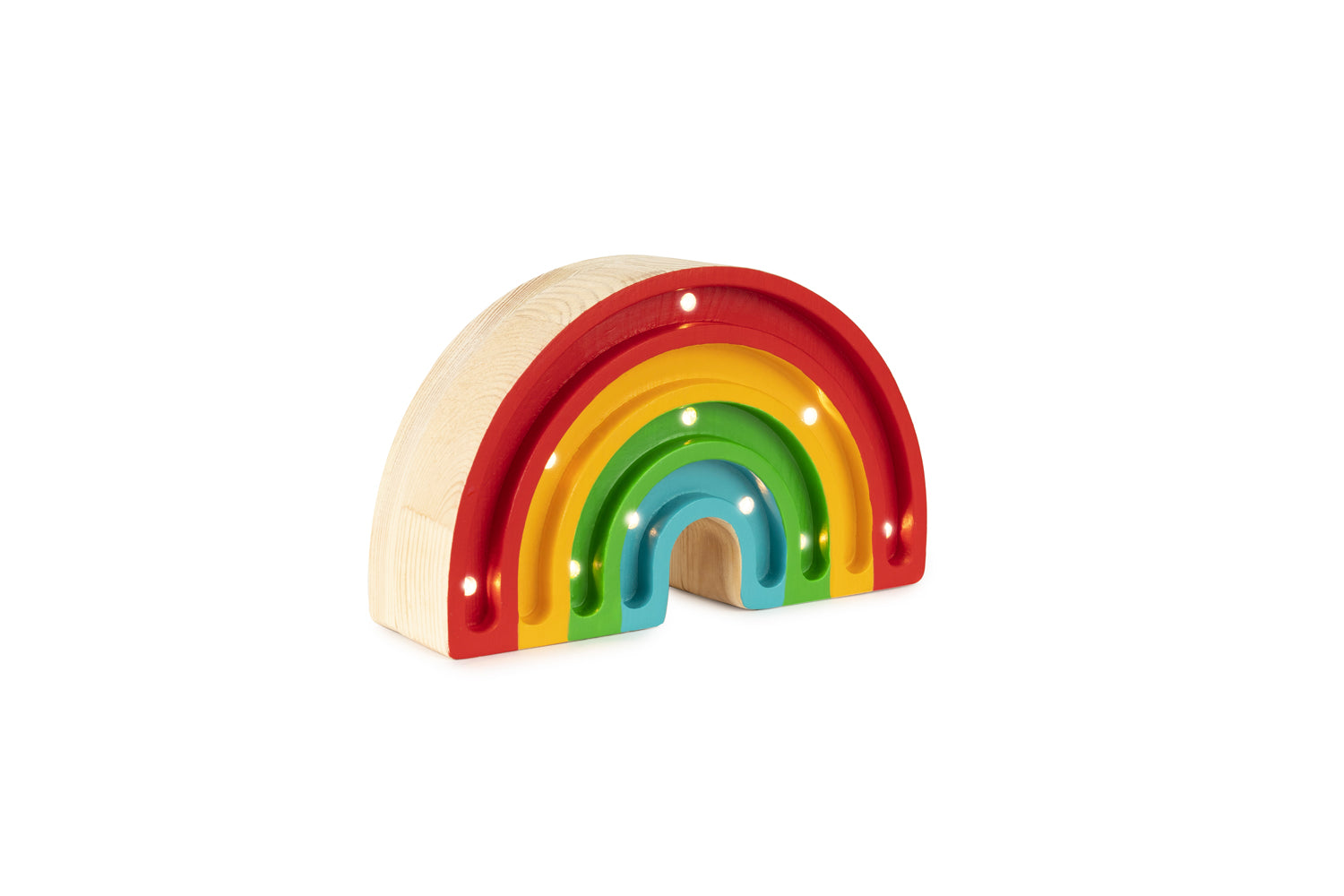Version classique de la lampe arc-en-ciel Little Lights : rouge, jaune orange, vert, bleu. Bois.