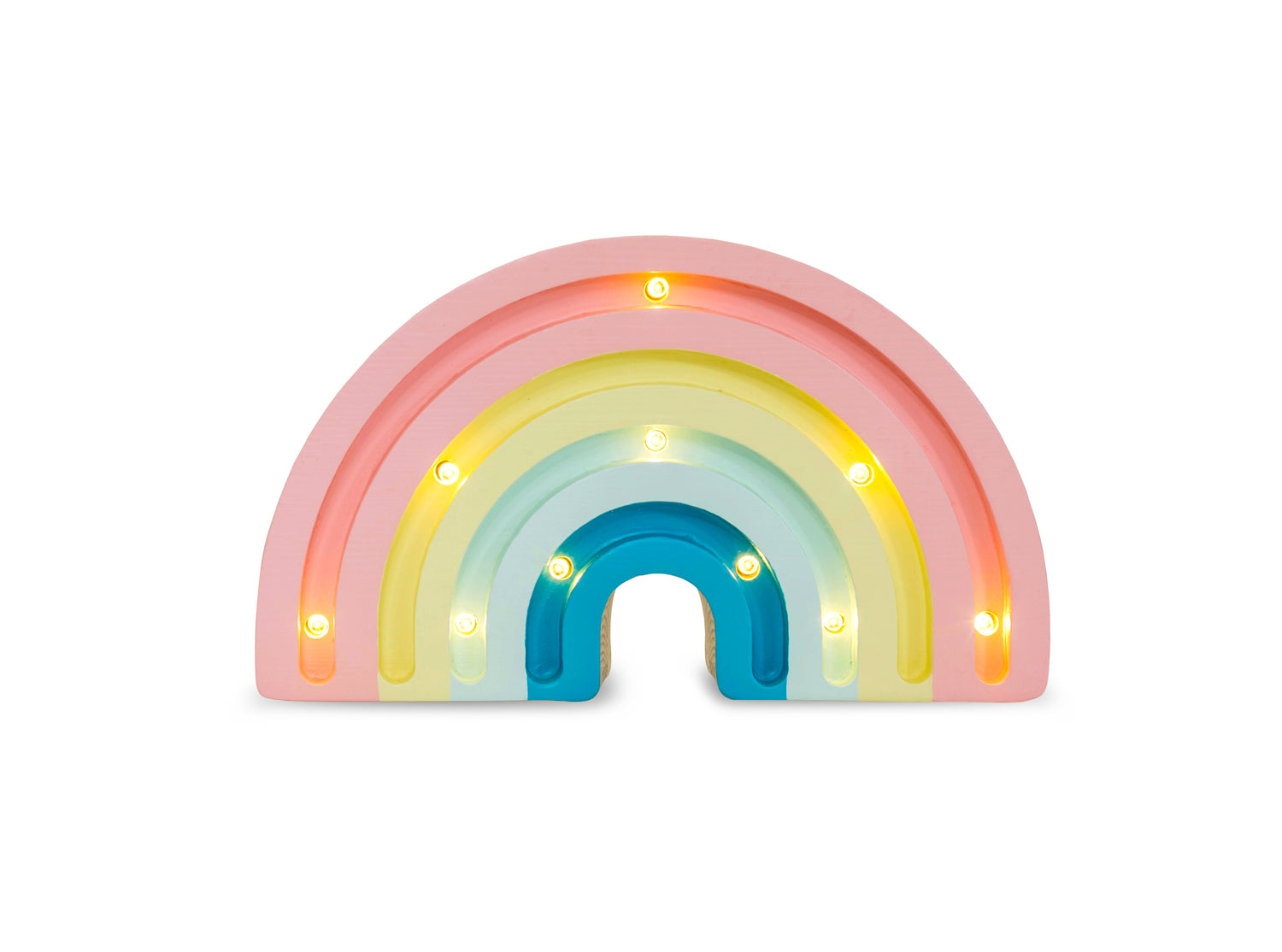 Modèle pastel de la lampe arc-en-ciel en bois : rose, jaune, bleu ciel, bleu denim.