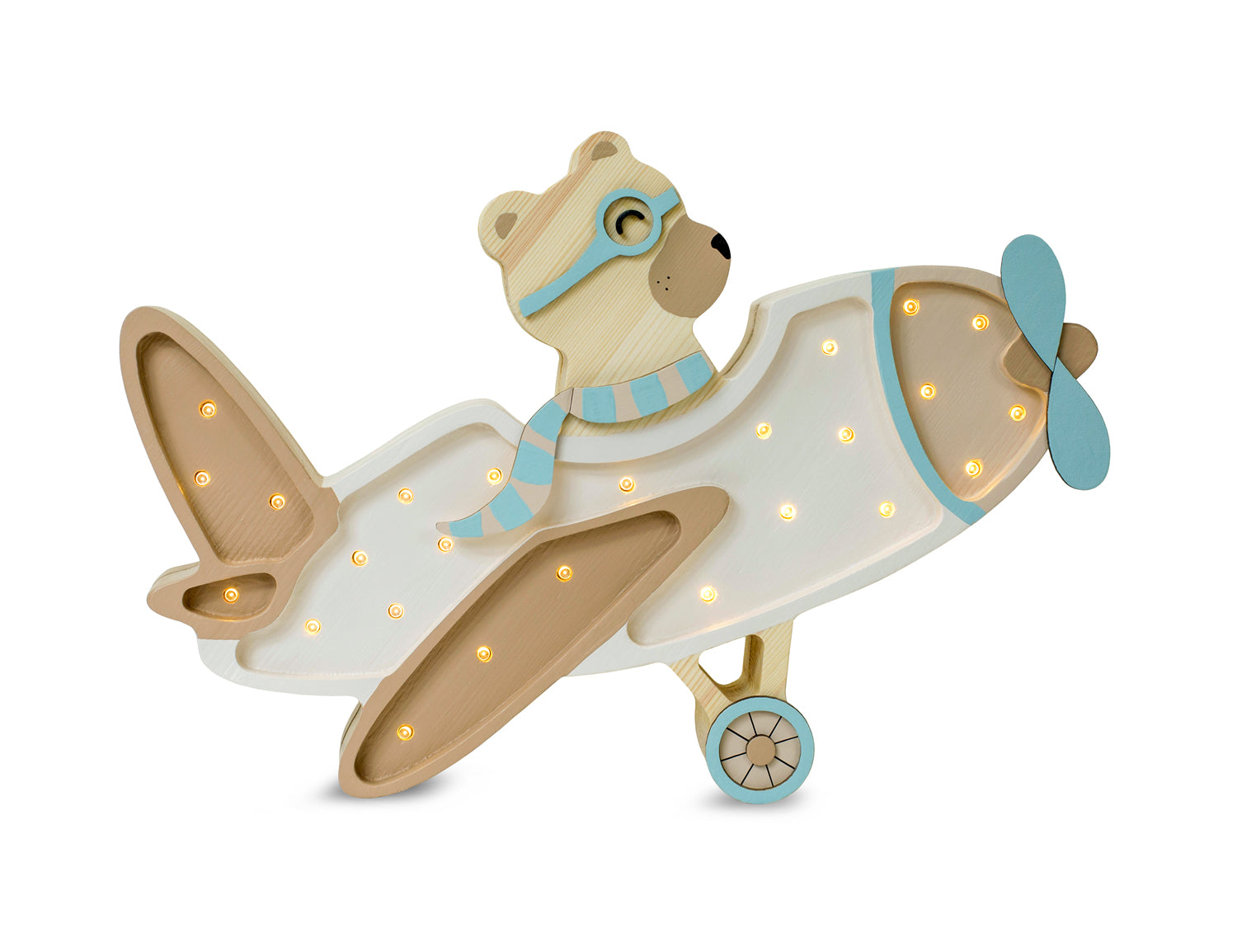 Veilleuse avion en bois Little Lights allumée avec lumière douce