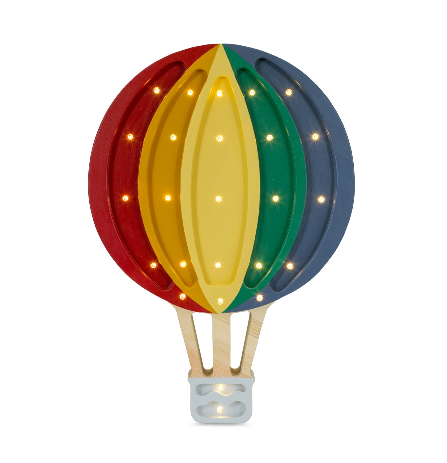 Lampe montgolfière en bois Little Lights, modèle coloré Joy Circus : rouge, orange, jaune, vert et bleu.