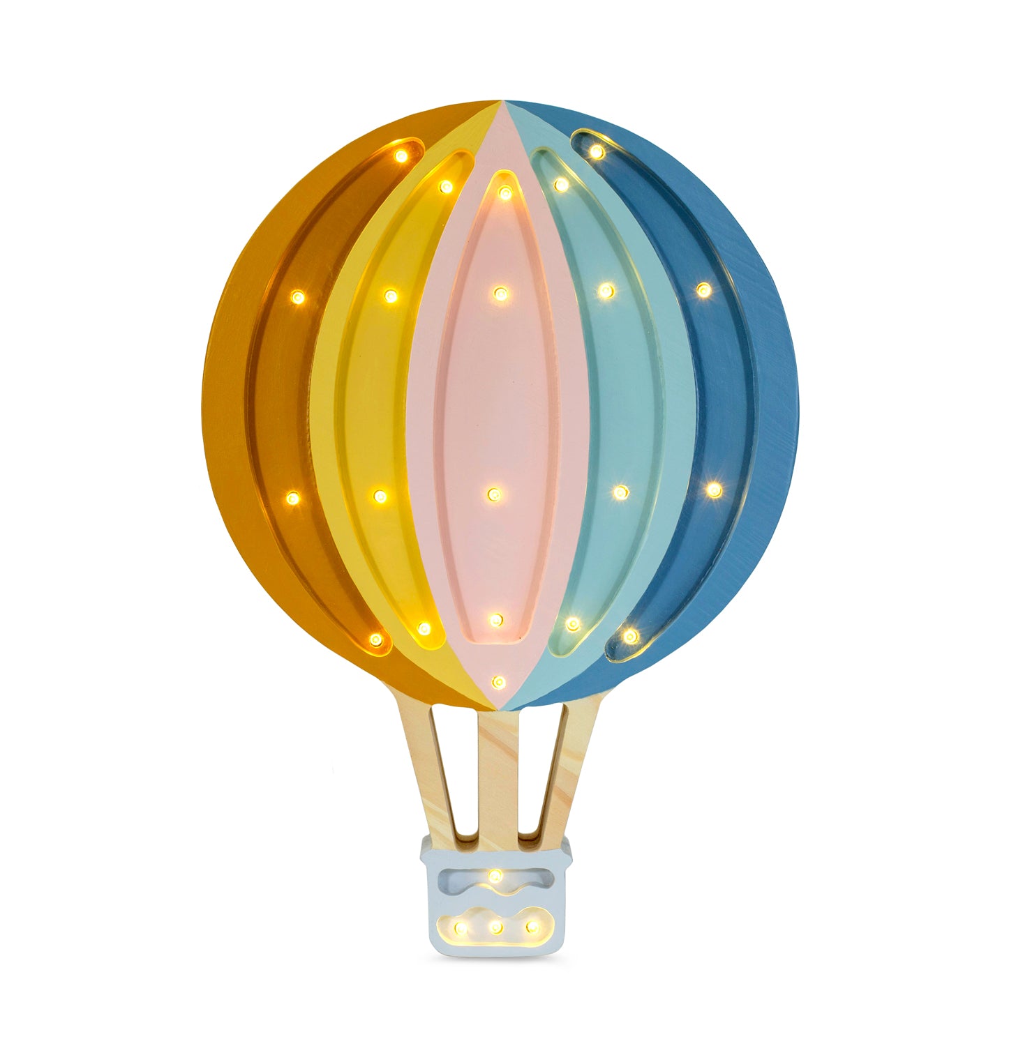 Lampe montgolfière en bois Little Lights. Retro rainbow : orange, jaune, rose, bleu. 