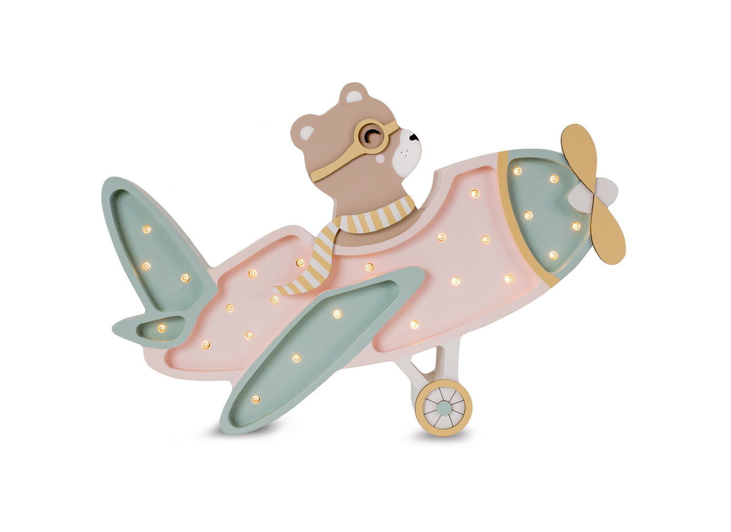  Décoration chic et vintage avec la lampe ourson avion. Couleur rose et vert pastel. 