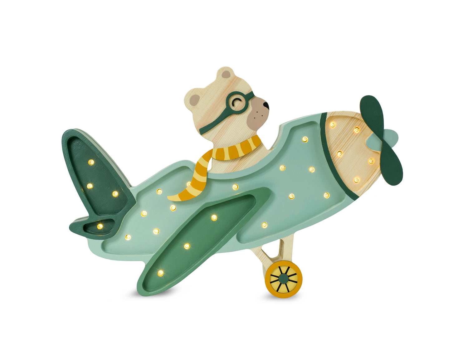 Ourson petit aviateur sur une lampe veilleuse en bois. Vert pastel. Inspiration chambre bébé nature, vintage, vert.