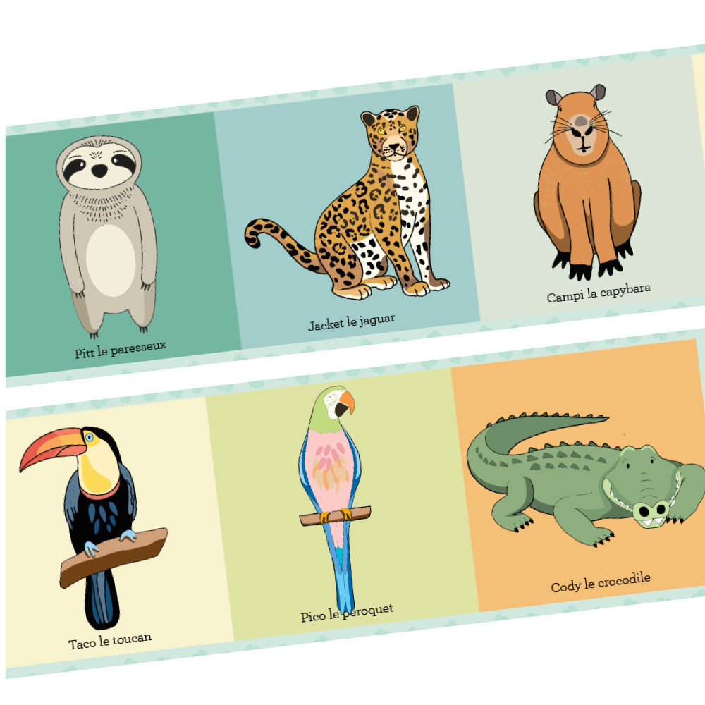 Livre pour bébé en tissu sur le thème des animaux de la jungle. Recto, verso avec animaux et décor de jungle. Made in France. Coton bio.