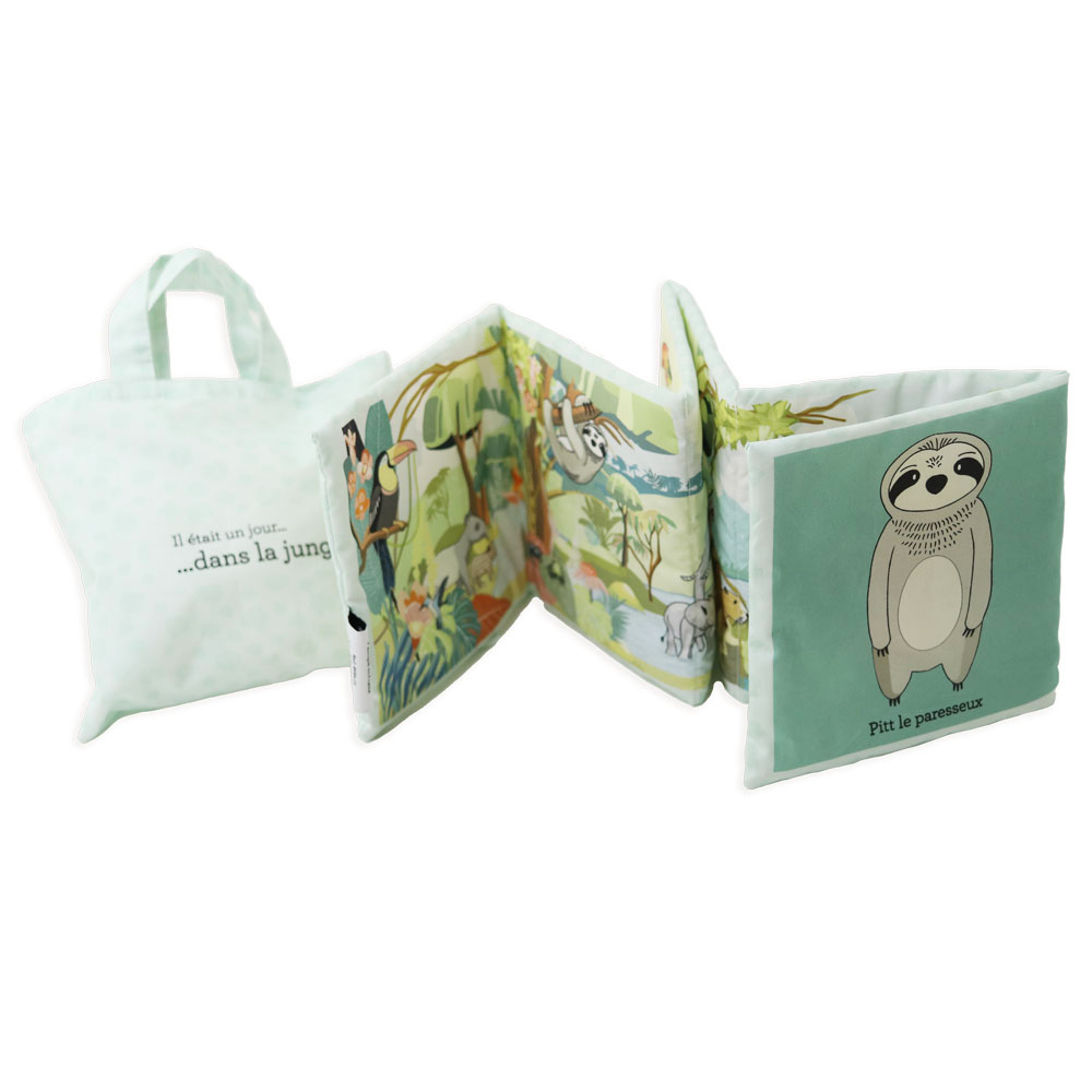 Livre en tissu pour bébé. Animaux de la jungle. Avec un sac de transport en coton, idéal pour les voyages. Découverte de la jungle, nature et animaux. Dessin poétique, couleurs vives.