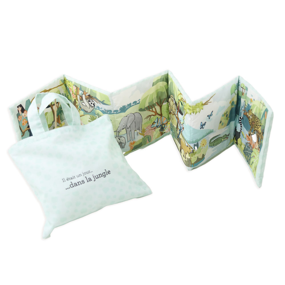 Livre d'éveil bébé en tissu. Eveil et découverte des animaux de la jungle. Idée cadeau jouet éveil en tissu. Coton bio, fabrication française.