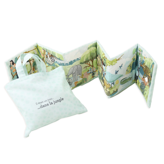 Livre d'éveil bébé en tissu. Eveil et découverte des animaux de la jungle. Idée cadeau jouet éveil en tissu. Coton bio, fabrication française.