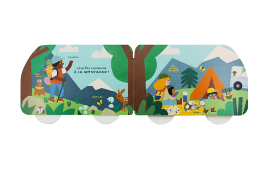 Extrait du livre Vive les vacances de Palomita. Les vacances à la Montagne : 4 personnages en randonnée, installe leur tente pour se reposer dans la nature. Livre d'éveil pour bébé. 
