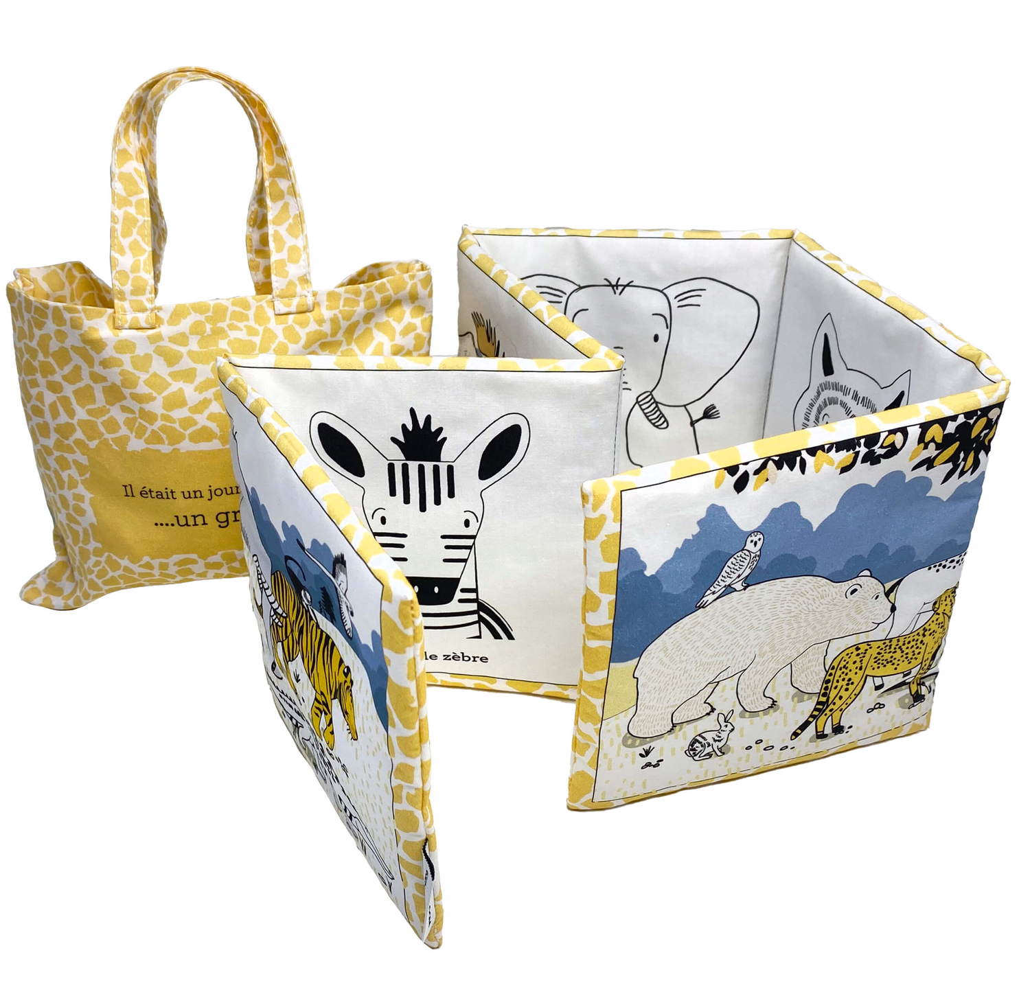 Livre noir et blanc bébé. En tissu coton bio, fabrication française écoresponsable. Livre accordéon recto-verso représentant le grand défilé des animaux. Avec sac pratique pour voyager. Léger. Lavable en machine.
