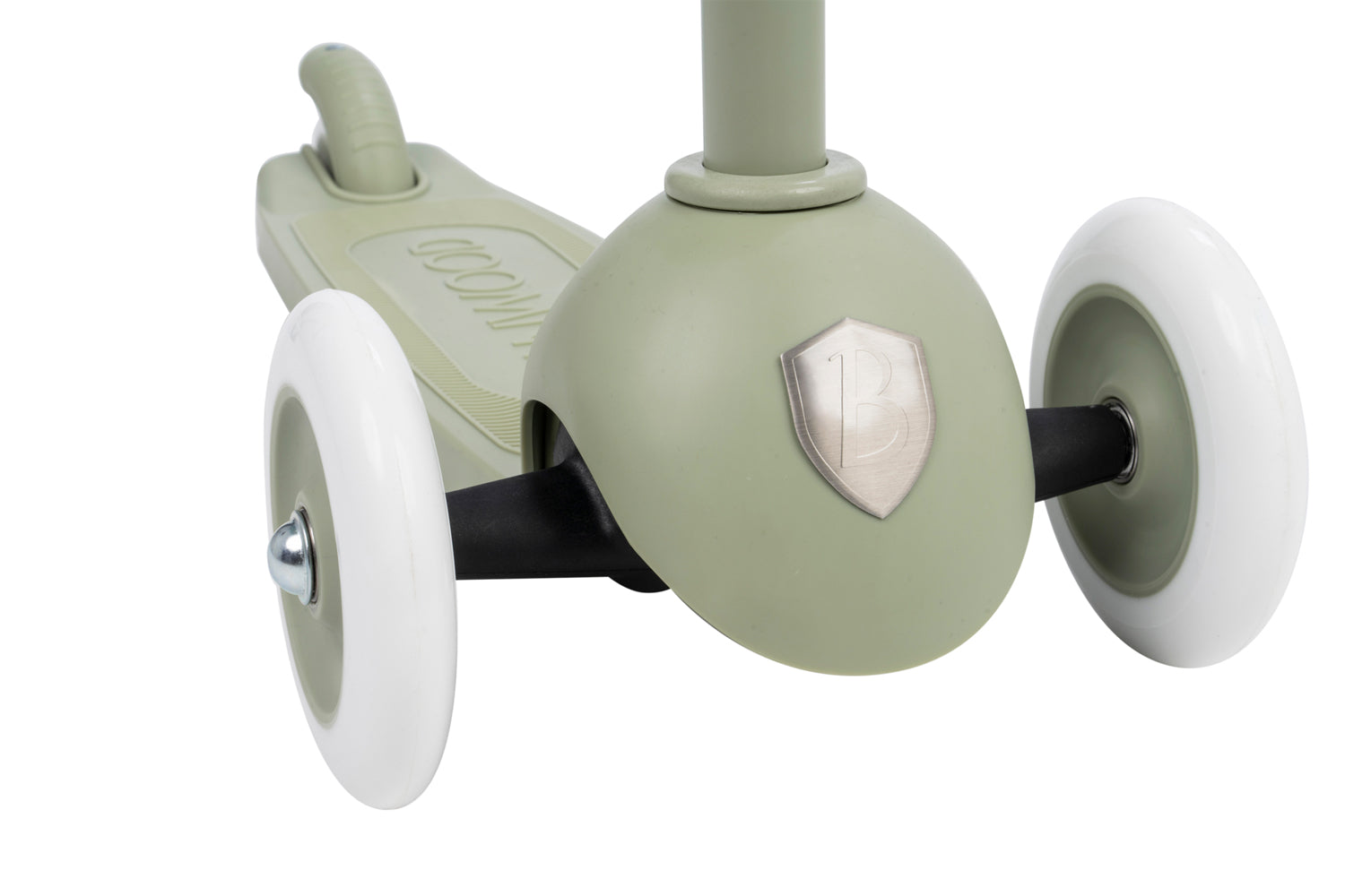 Logo Banwood sur trottinette écoresponsable enfant. Modèle vert olive, design nature.