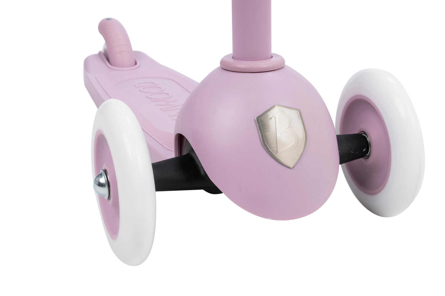 Détail du logo Banwood sur trottinette violet clair recyclée