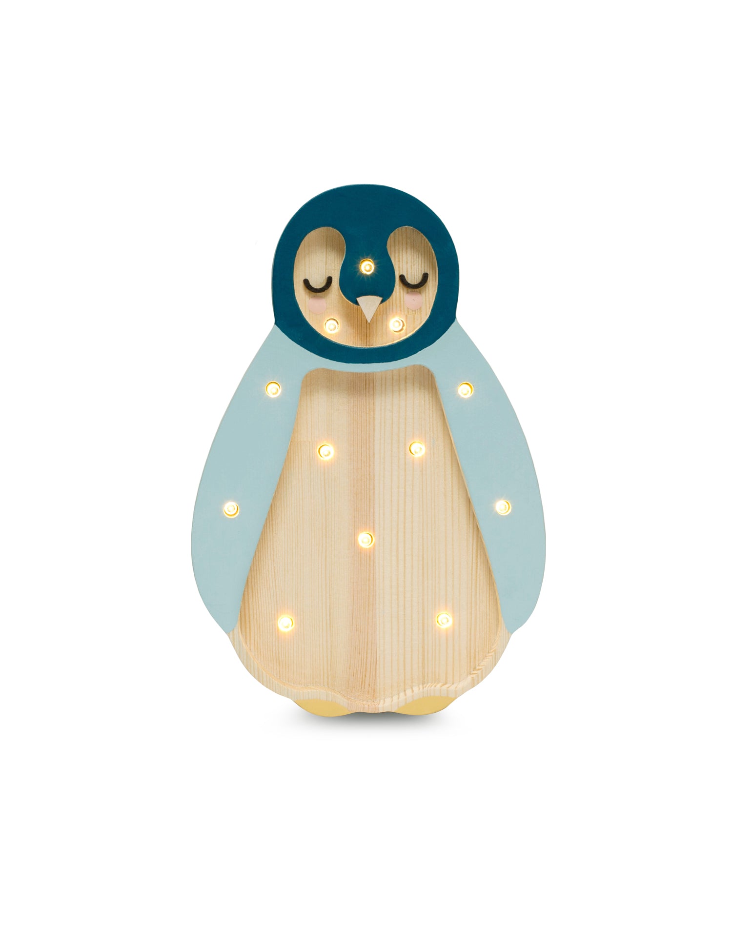 Veilleuse animaux : bébé pingouin en bois naturel clair, robe bleu ciel, tête bleu fondée et pieds jaune. Parsemé de 12 petites ampoules LED pour un éclairage doux et rassurant. Veilleuse Little Lights